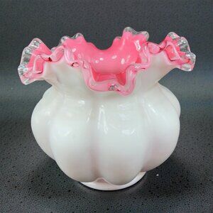 1950s Fenton Peach Crest Silver Crest Large Dish Bowl Rose Bowl Ruffled Top VTG